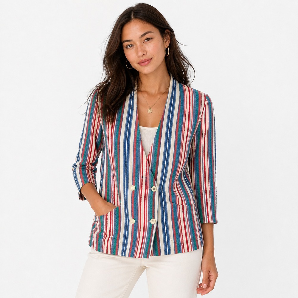 Vtg 70s 80s Diane Von Furstenberg Blazer Size 10 Seersucker Striped 3/4‎ Sleeve